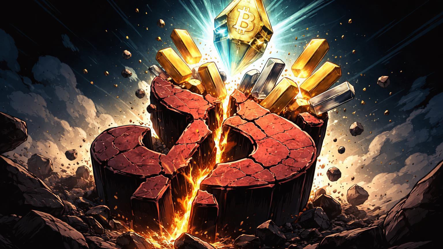 Pedestal dólar rachado desmoronando enquanto ouro, prata e cristal Bitcoin ascendem, ilustrando fuga para ativos reais em dólar fraco