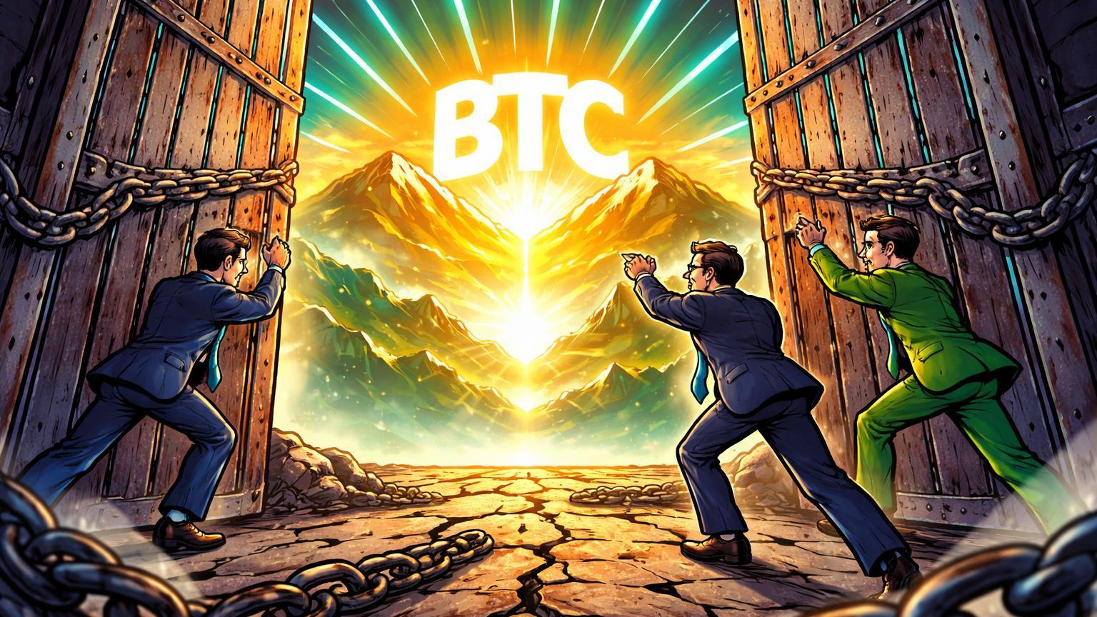 Executivos cartoon abrindo portões enferrujados para horizonte BTC dourado, simbolizando liberação de investimentos corporativos na Coreia do Sul