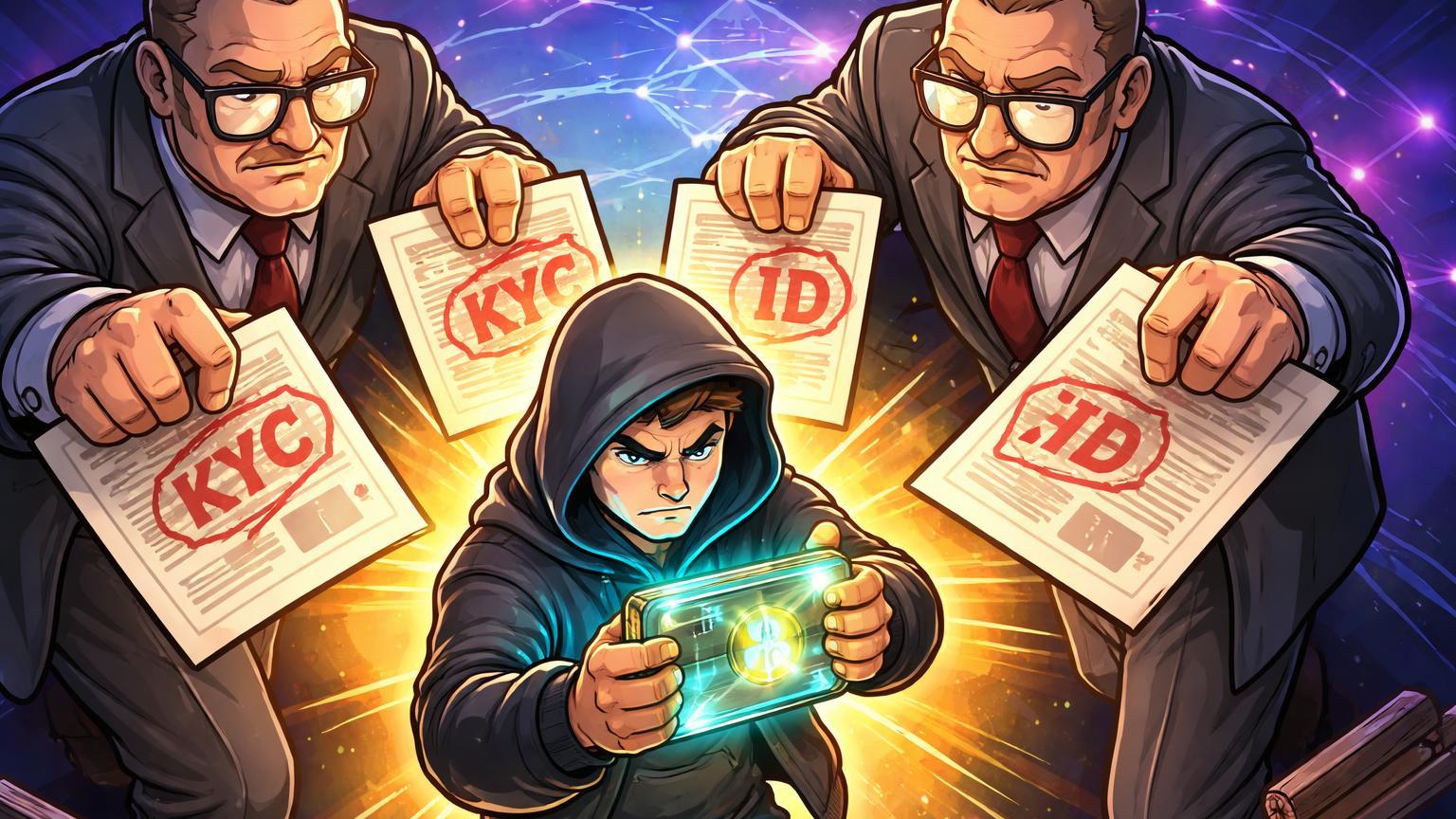 Burocratas cartoon cercando usuário cripto com selos KYC e ID fiscal, ilustrando rastreamento regulatório na Nigéria pela OCDE
