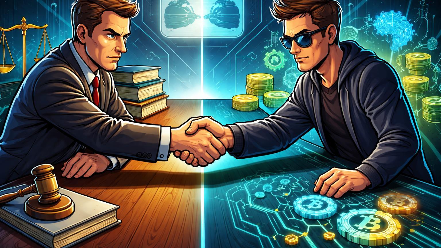 Personagens cartoon de regulador e CEO cripto em aperto de mãos tenso sobre mesa dividida, simbolizando paz armada no comitê CFTC de inovação com Winklevoss