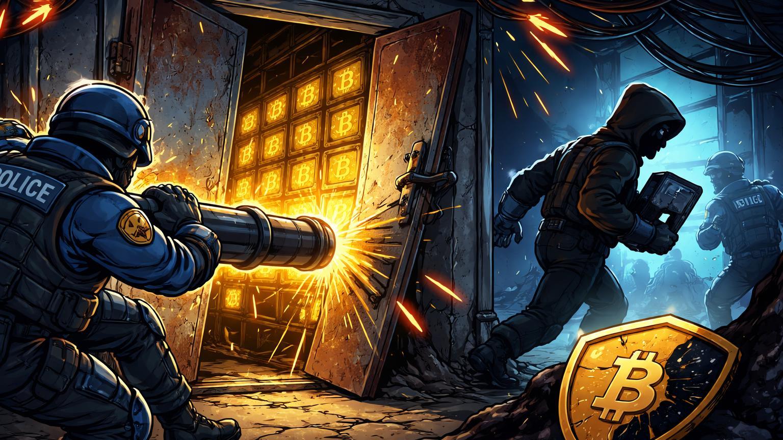 Policiais cartoon arrombando porta de fazenda de mineração ilegal de Bitcoin, com rigs piscando e cabos cortados, ilustrando operação contra crime cripto