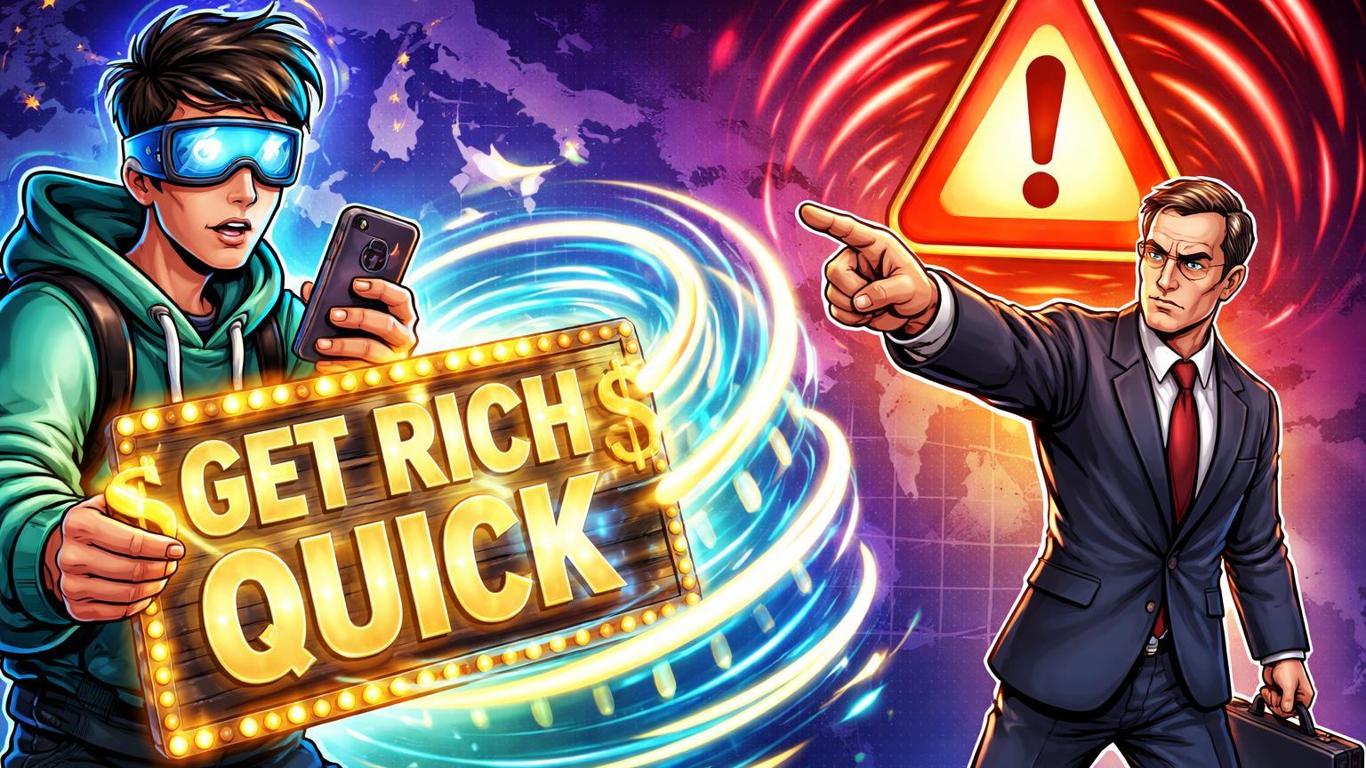 Finfluencer cartoon com placa 'Get Rich Quick' sendo alertado por regulador europeu, representando regras da CONSOB sobre riscos cripto