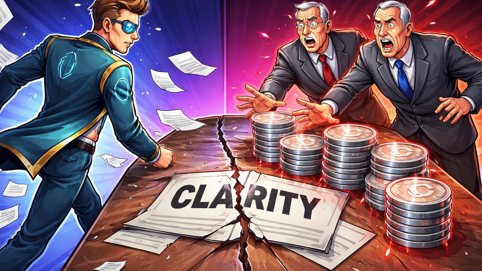 Personagem Coinbase cartoon abandonando mesa de negociação com reguladores surpresos sobre stablecoins, ilustrando conflito no CLARITY Act