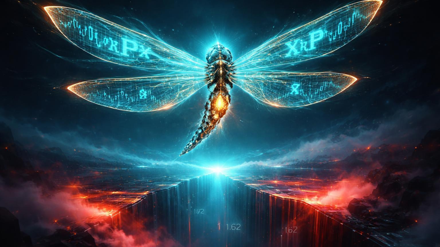 Libélula cristalina com asas XRP pairando sobre abismo digital enevoado, simbolizando Dragonfly Doji e indecisão antes do CLARITY Act
