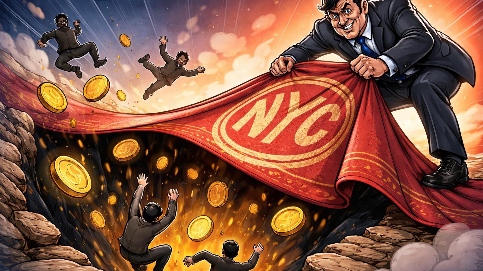 Político cartoon puxando tapete de moedas NYC com investidores chocados caindo, representando escândalo de rug pull no token promocional
