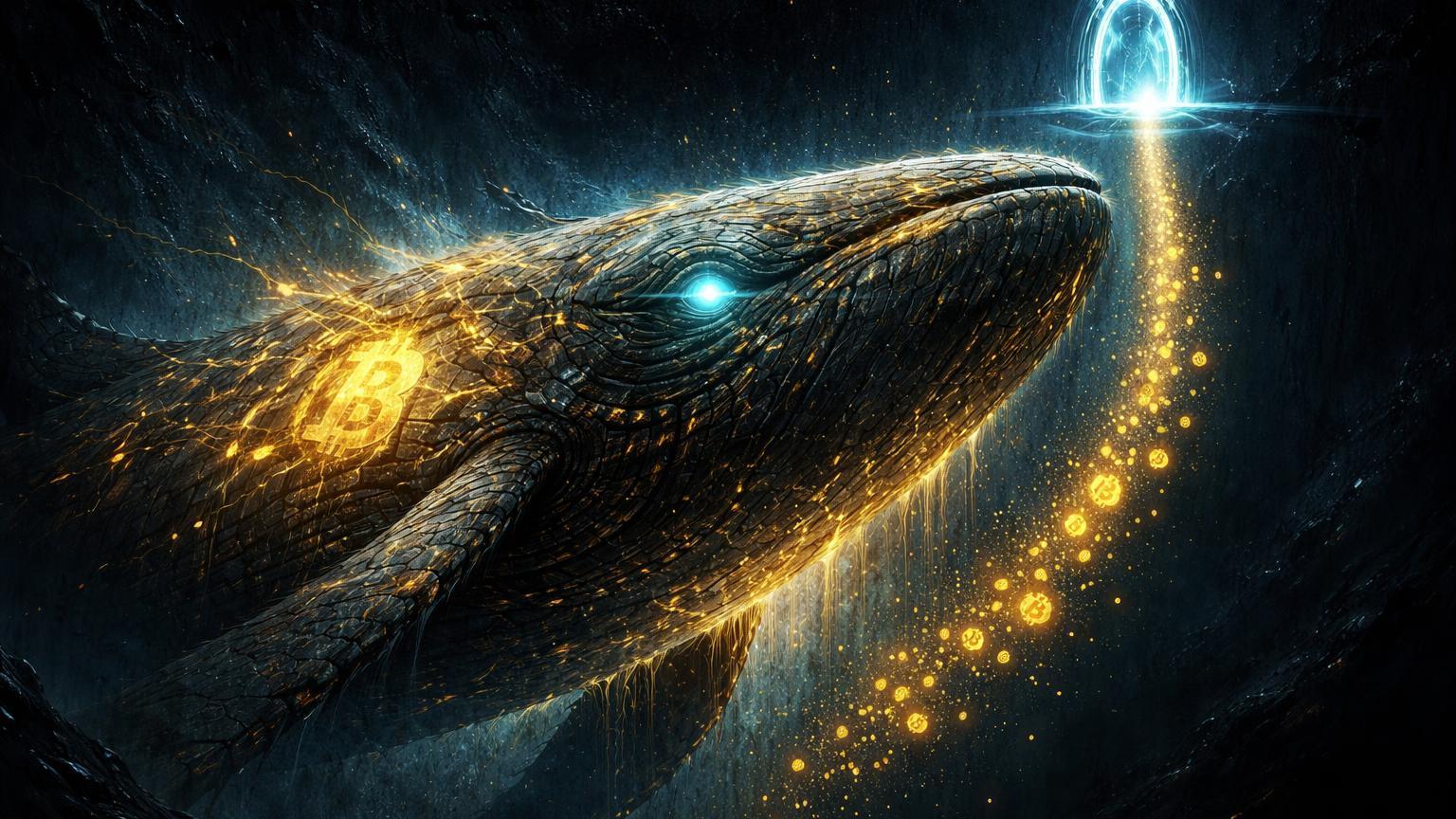 Baleia surreal colossal emergindo de abismo digital com fluxo dourado BTC rumo a portal luminoso, simbolizando whale da era Satoshi despertando após 15 anos