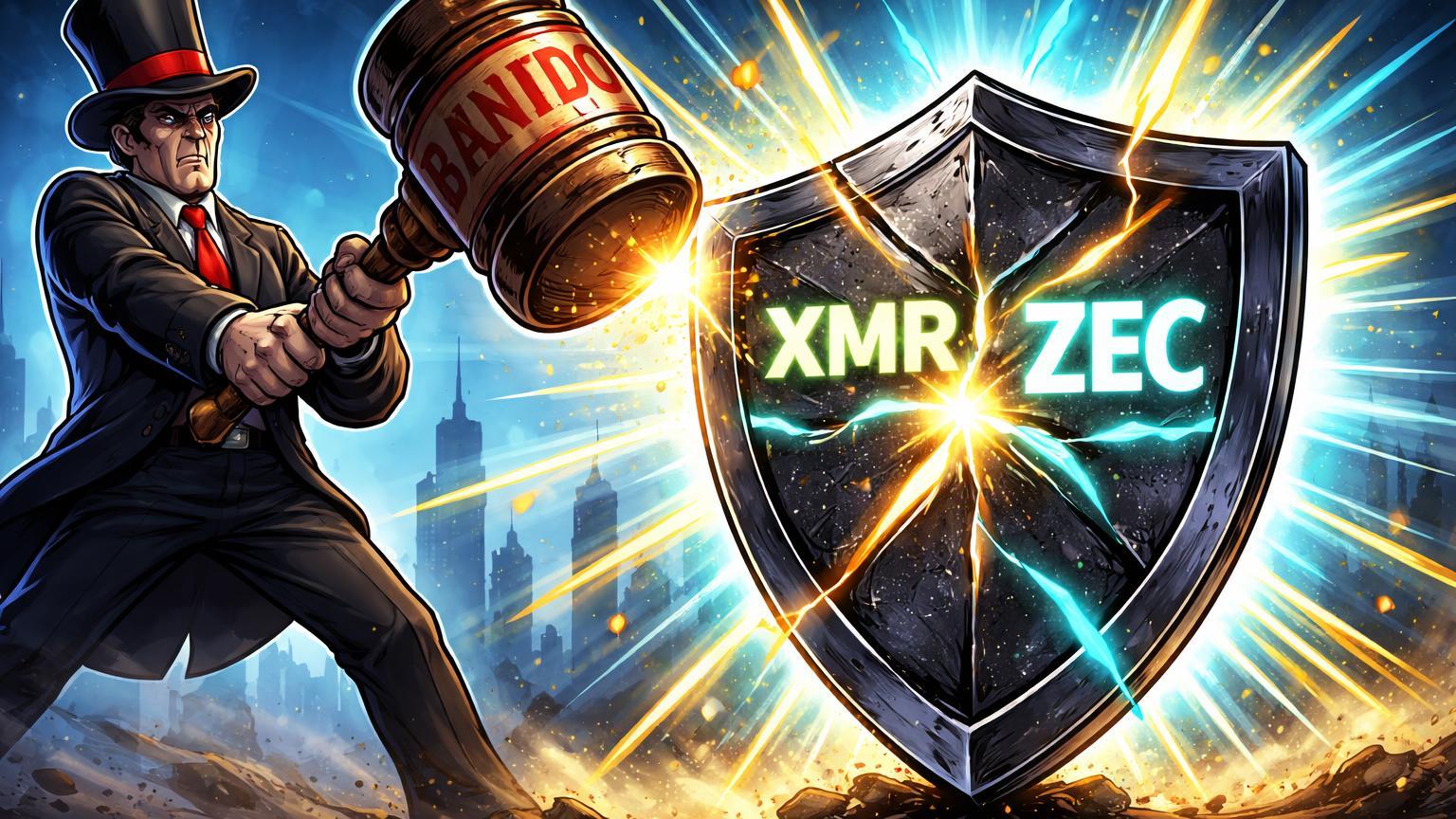 Regulador cartoon martelando escudo de privacidade com XMR e ZEC, emitindo luz apesar da rachadura, simbolizando proibição em Dubai e Efeito Streisand