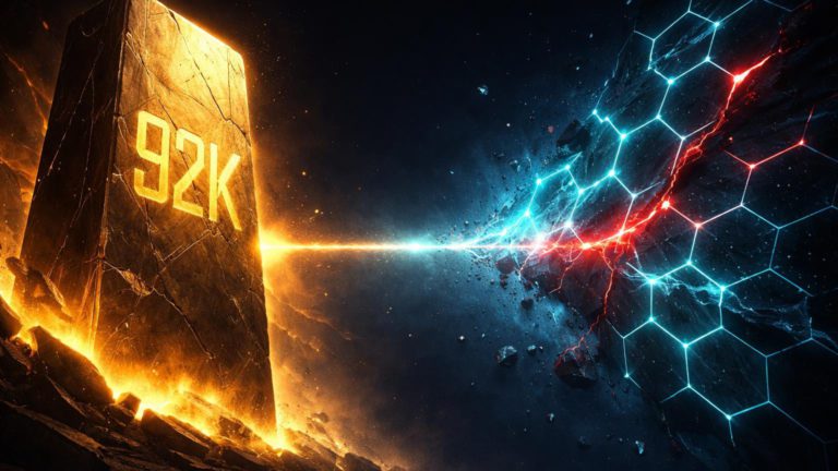 Monolito dourado com 92K sólido contrastando com rede hexagonal DeFi rachada em vermelho, simbolizando BlackRock vs hacks no mercado cripto