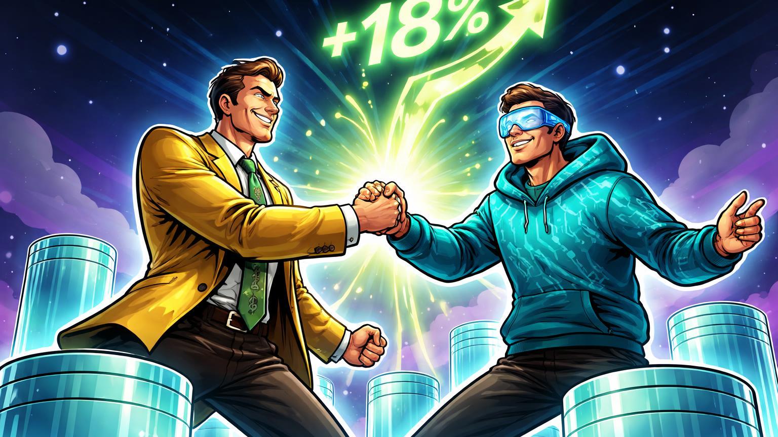 Executivos cartoon de Bakkt e stablecoins em aperto de mãos com aura +18% verde neon, simbolizando aquisição bullish e alta nas ações