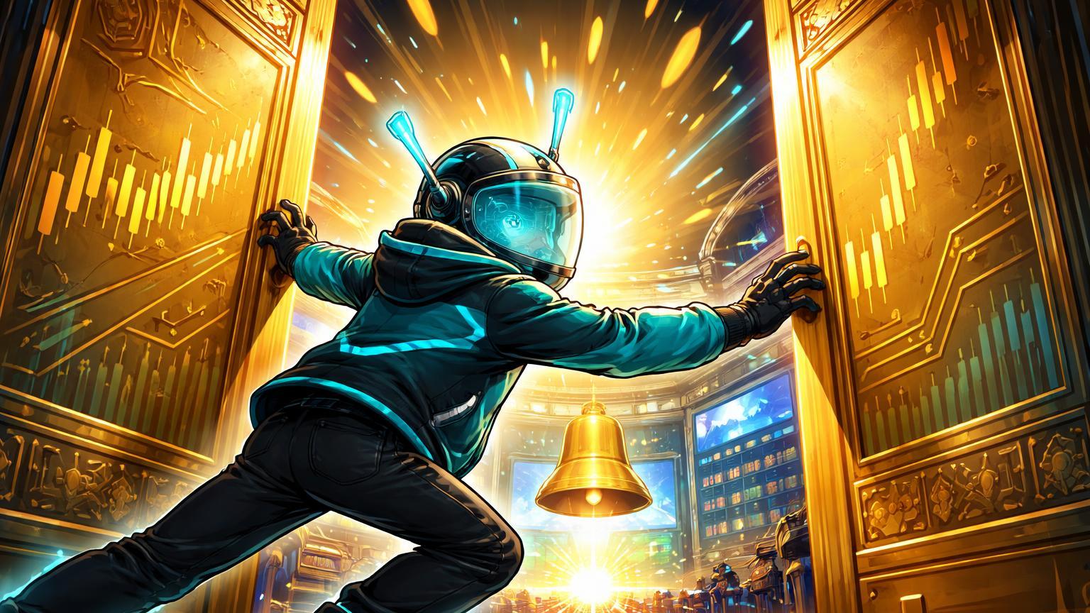 Personagem cartoon de exchange cripto abrindo portas douradas da Nasdaq com luz cyan, simbolizando IPO acelerado via SPAC