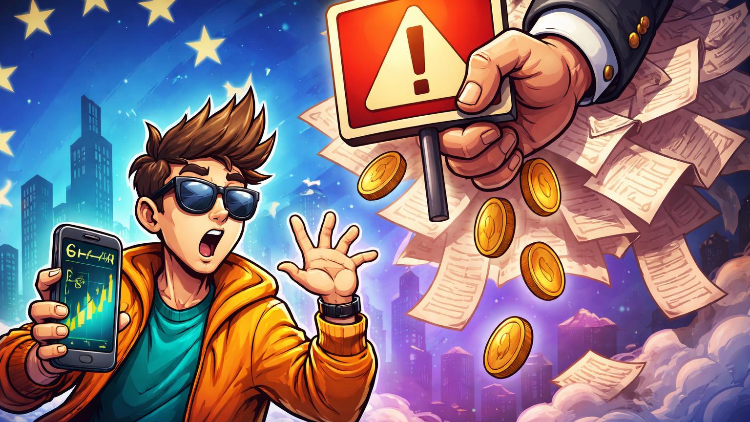 Influenciador cartoon com smartphone de cripto surpreendido por mão regulatória com alertas de multas, simbolizando regras da CONSOB e ESMA para finfluencers
