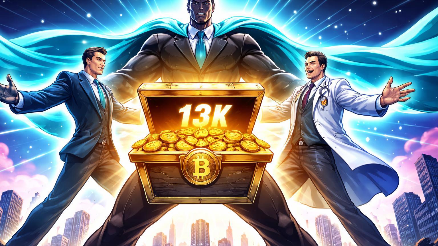 Personagens cartoon de Strive e Semler fundindo-se em titã corporativo com baú de 13K BTC, simbolizando aquisição e adoção corporativa de Bitcoin