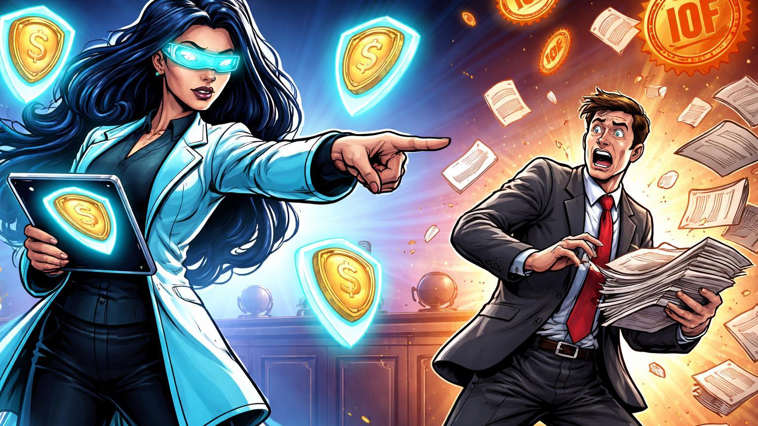 Advogada cartoon da Abcripto confrontando burocrata com stablecoins e selos IOF caindo, simbolizando disputa judicial sobre regulação de stablecoins