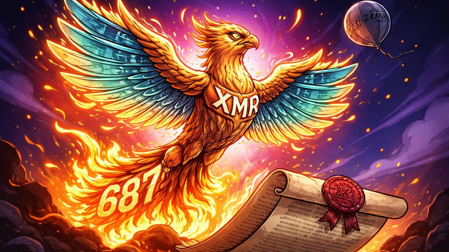 Fênix Monero cartoon emergindo de pergaminho flamejante com XMR e 687, ignorando ban em Dubai enquanto Zcash murcha, ilustrando ATH e Efeito Streisand