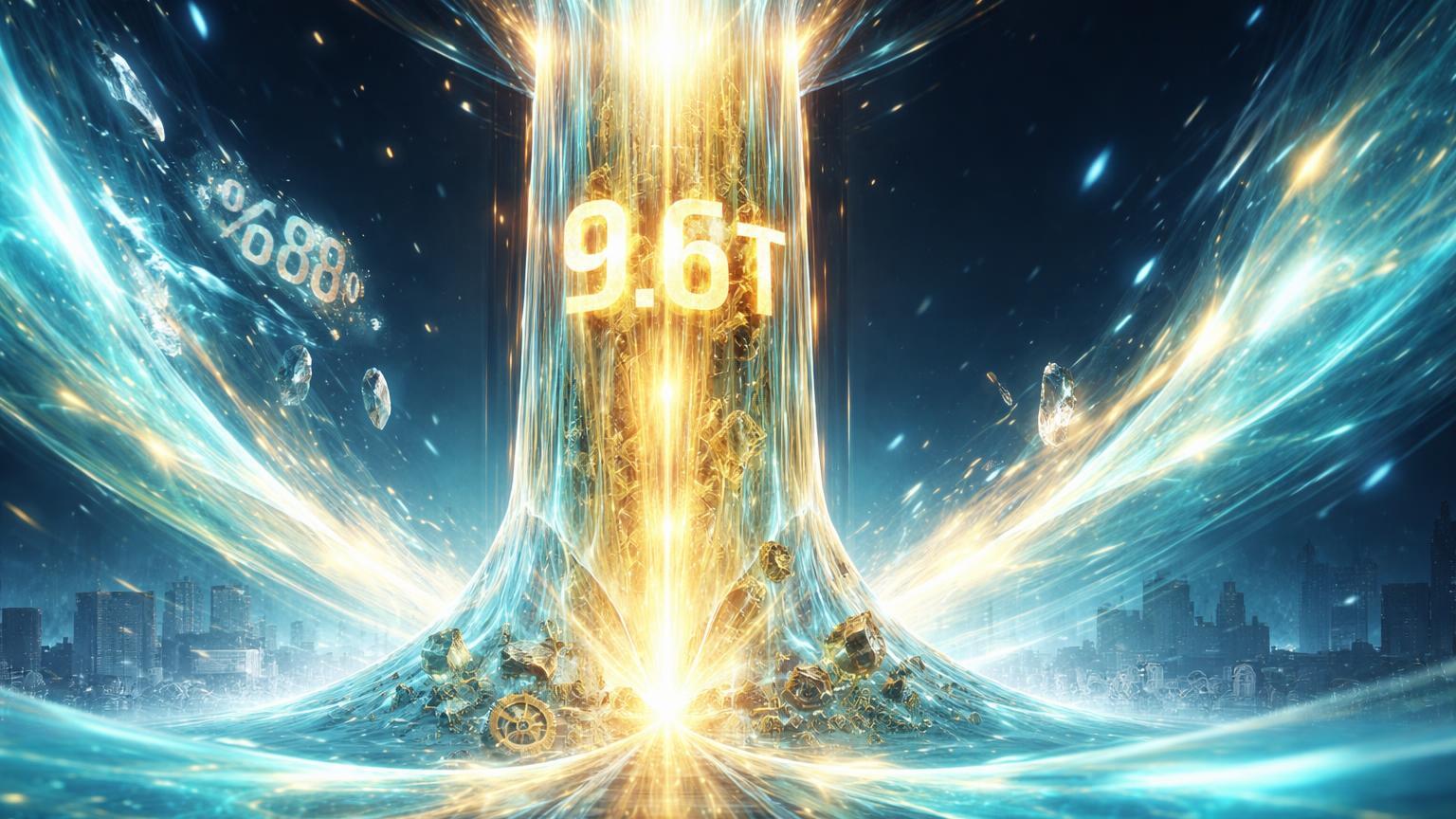 Fluxo de energia cyan-dourada formando pilar cristalino com 9.6T integrado, simbolizando volume recorde do Circle USDC e adoção de stablecoins