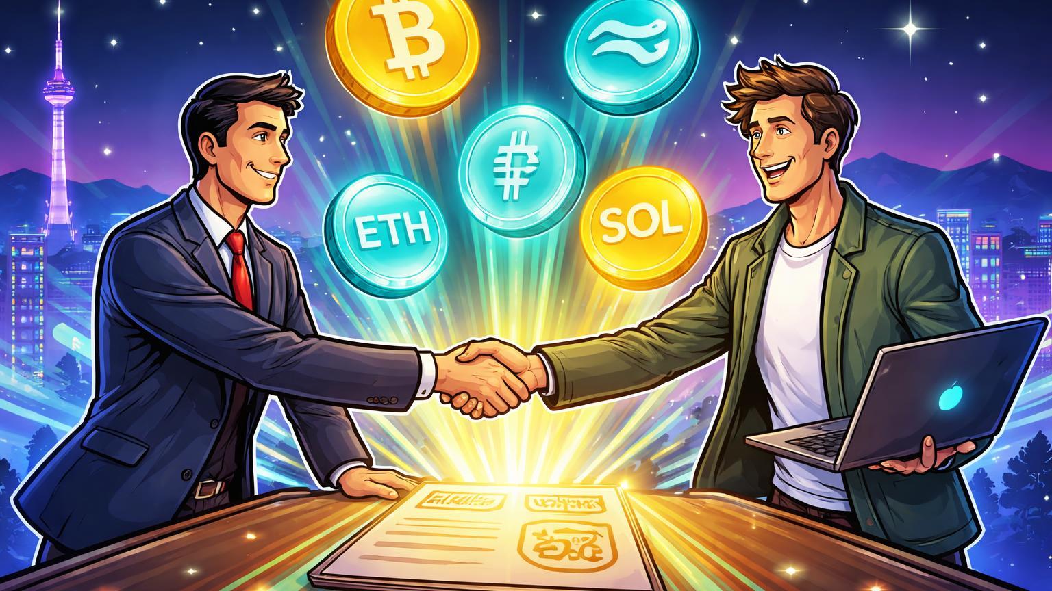 Executivos cartoon sul-coreanos celebrando aprovação regulatória com siglas BTC ETH XRP SOL flutuando, simbolizando liberação para investimentos corporativos