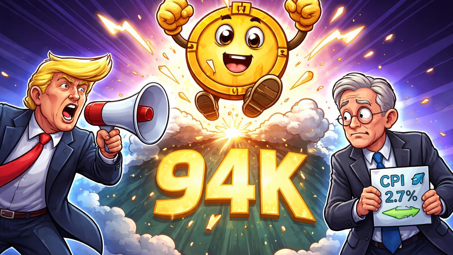 Trump cartoon pressionando Powell com CPI 2.7%, impulsionando Bitcoin rompendo barreira 94K, simbolizando alta por dados macro positivos