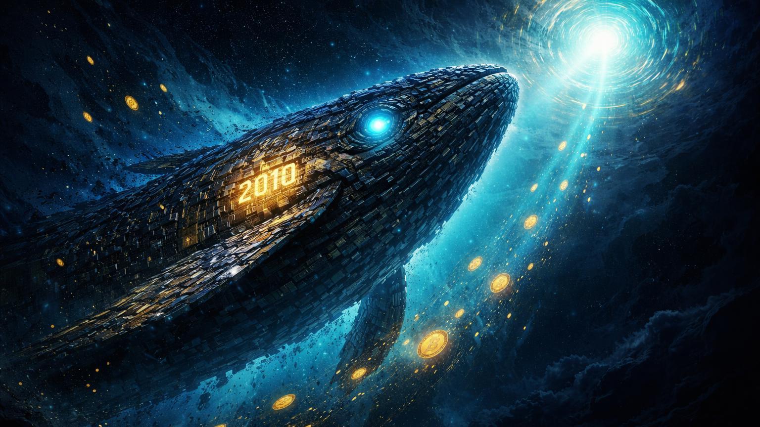 Baleia surreal emergindo de abismo digital com olhos cyan abertos e '2010' gravado, simbolizando wallet antiga transferindo BTC para Coinbase