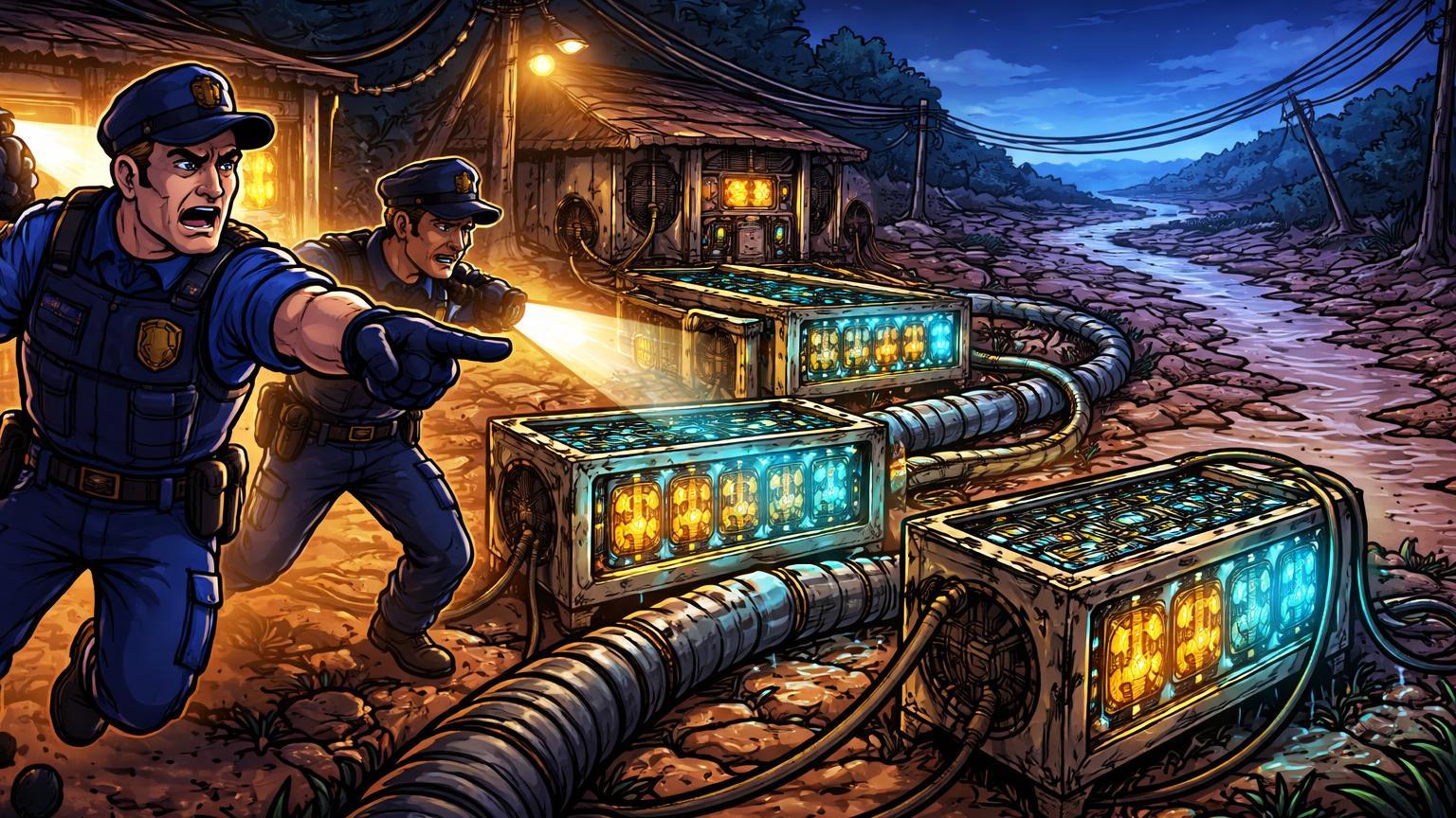 Policiais cartoon invadindo fazenda clandestina de mineração Bitcoin com tubos desviando água do rio seco, expondo crime em Alagoas