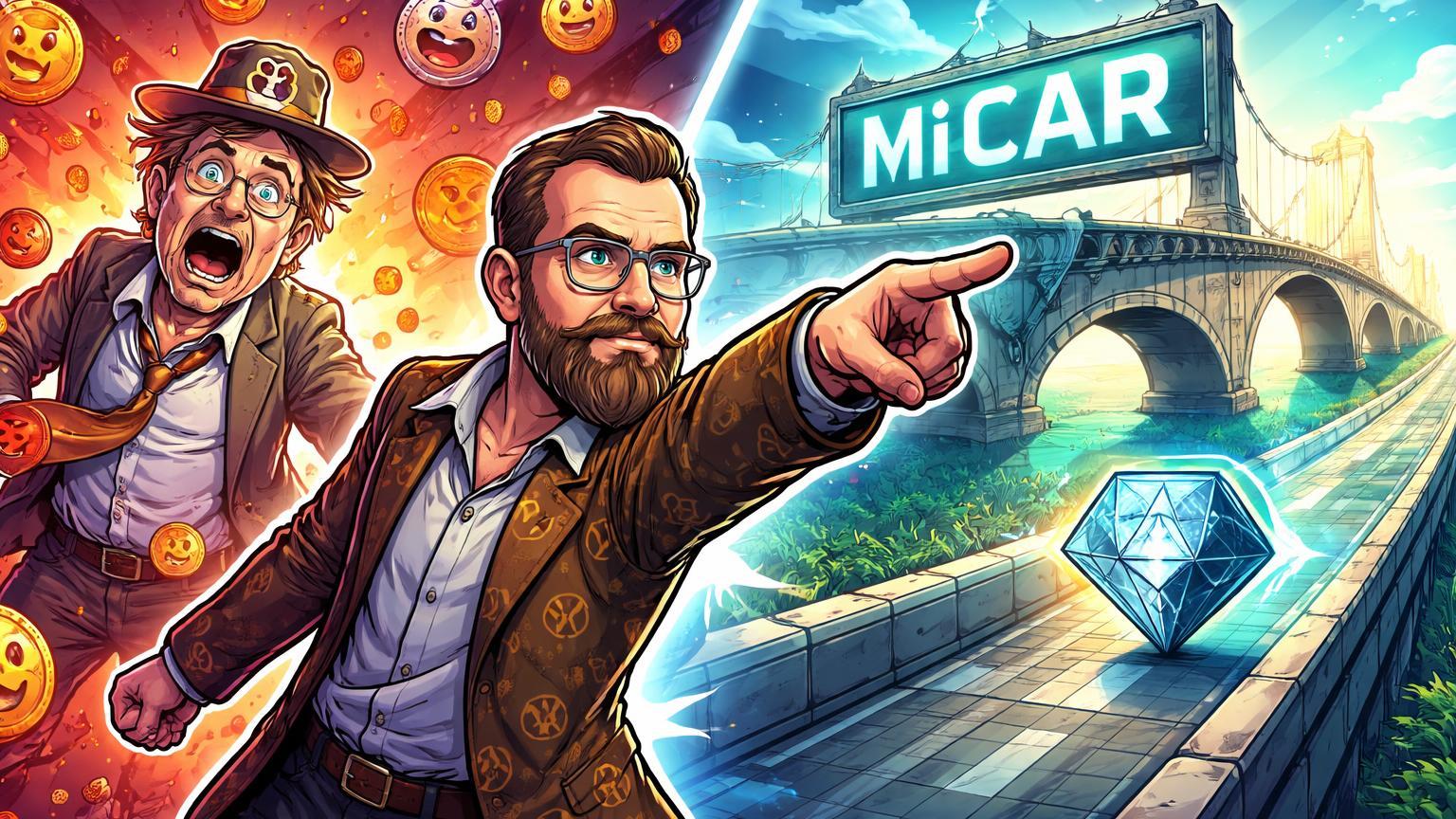 Hoskinson cartoon acusando político memecoin em caos à esquerda, enquanto ponte MiCAR com Cardano avança à direita na Europa