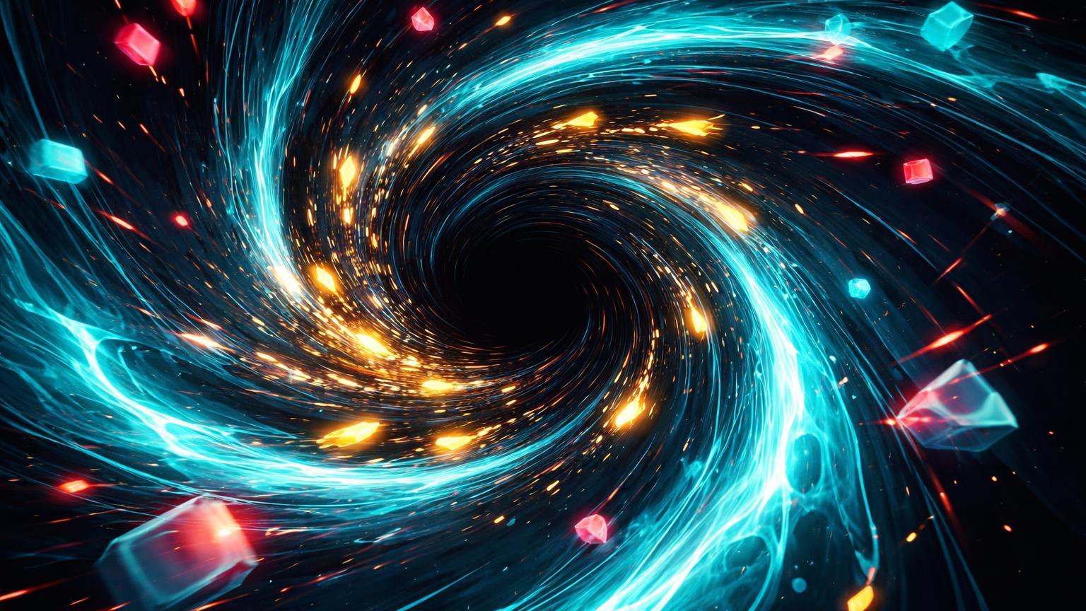 Vórtice neon de liquidez sugando partículas douradas, simbolizando slippage extremo no swap acidental do Yield Protocol em DeFi