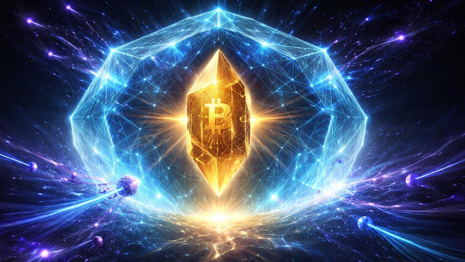Núcleo cristalino dourado de Bitcoin protegido por barreira quântica translúcida repelindo partículas caóticas, simbolizando criptografia pós-quântica contra ameaças quânticas