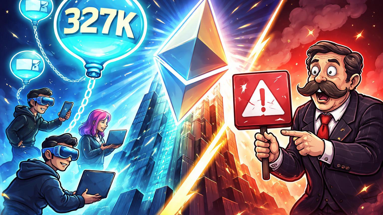Personagens cartoon criando balões de carteiras Ethereum com 327K, enquanto banqueiro alerta risco de colapso, simbolizando adoção vs regulação