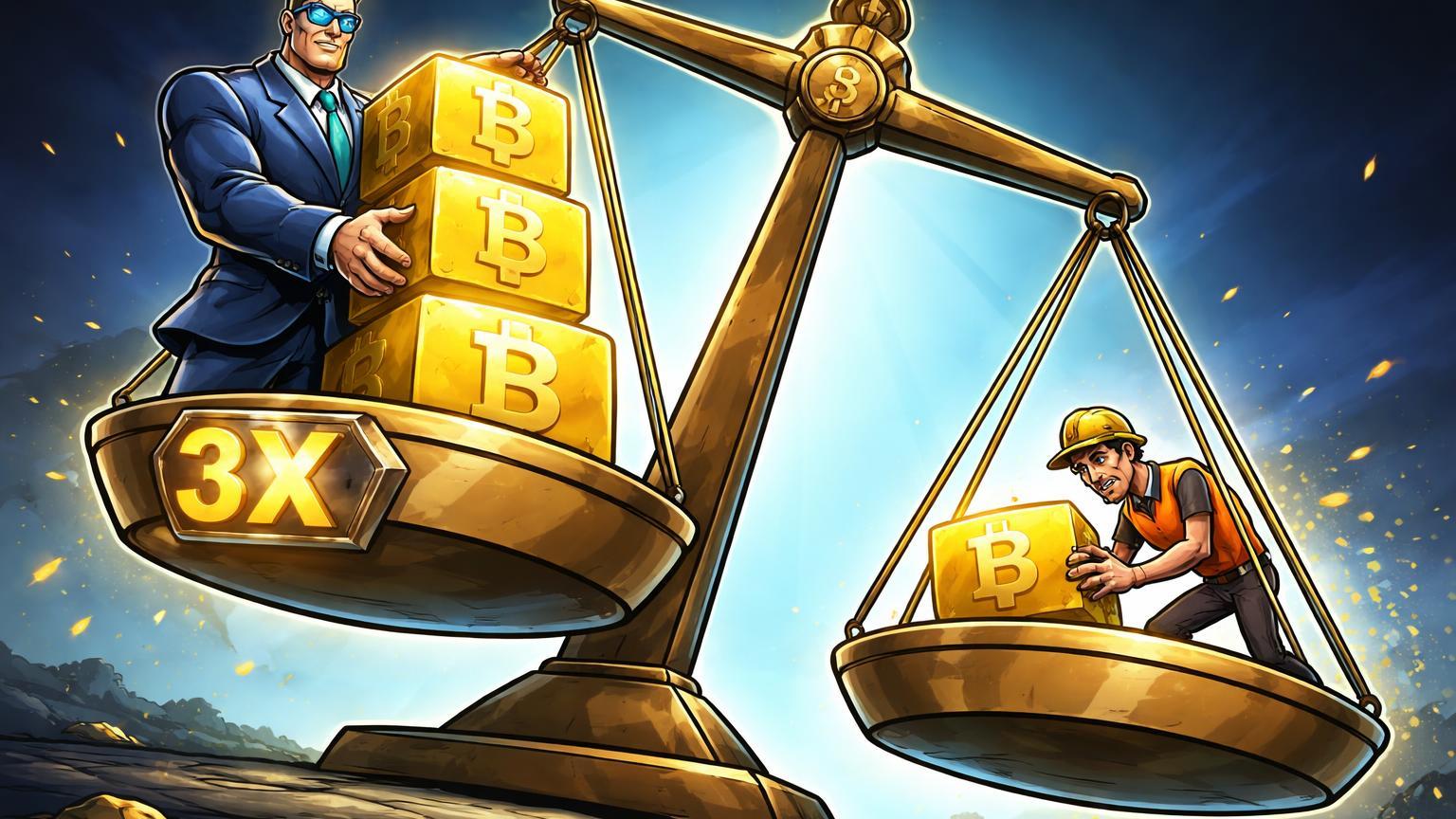 Balança desequilibrada com executivo cartoon empilhando três blocos BTC contra minerador exausto com um pequeno, simbolizando empresas comprando 3x mais que mineradores