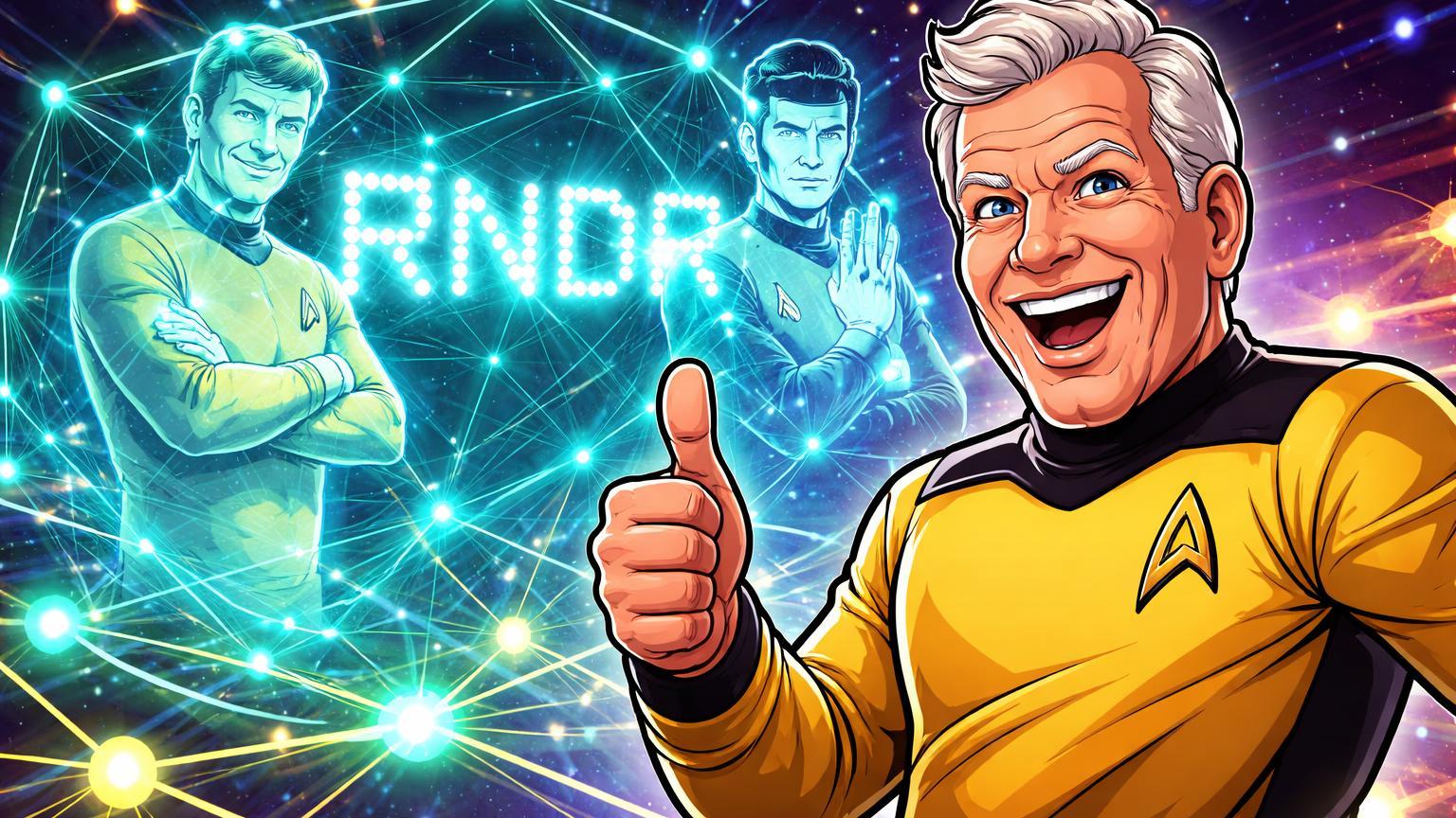 William Shatner cartoon aprovando hologramas estilizados de Kirk e Spock emergindo de rede RNDR luminosa, celebrando Render Network em IA para cinema