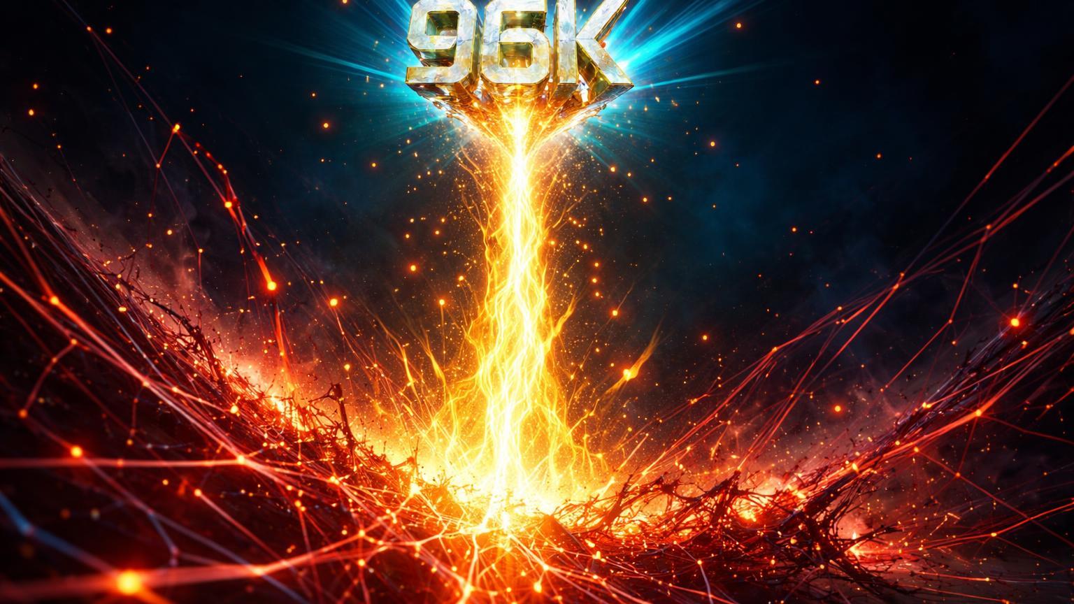 Raio dourado rasgando rede vermelha de shorts liquidados com cristal 96K no ápice, simbolizando explosão altista do Bitcoin