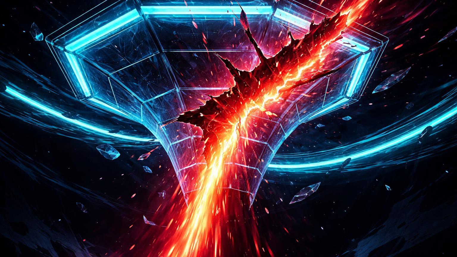 Estrutura de swap DeFi hexagonal rachada liberando fluxo vermelho violento, representando perda por slippage extremo no Yield Protocol