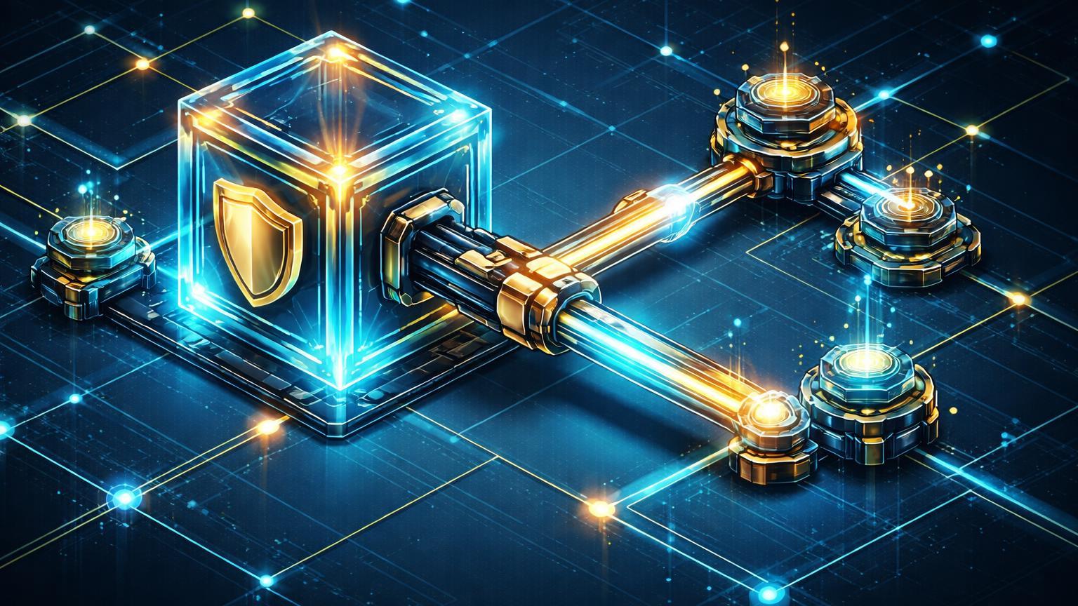 Estrutura isométrica de wallet com alavanca conectada a rede de futuros DeFi, representando trading alavancado direto no app da Binance