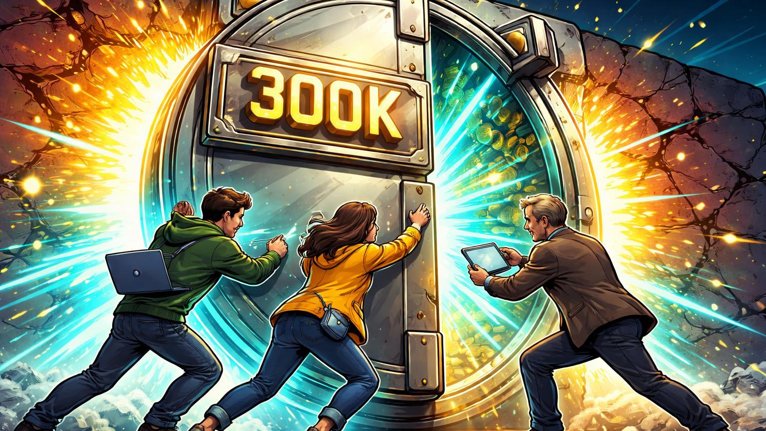 Investidores comuns cartoon empurrando porta de cofre cripto com limite 300K, simbolizando lei russa liberando trading sob sanções