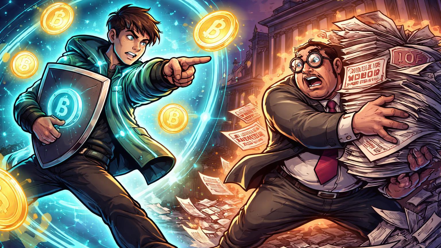 Personagens cartoon de representante cripto confrontando burocrata com selos IOF e pilhas de decretos, defendendo stablecoins contra imposto