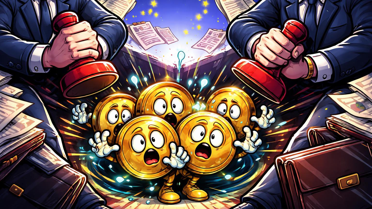 Reguladores cartoon formando cerco ao redor de empresas cripto em pânico, simbolizando pressão regulatória MiCA na França
