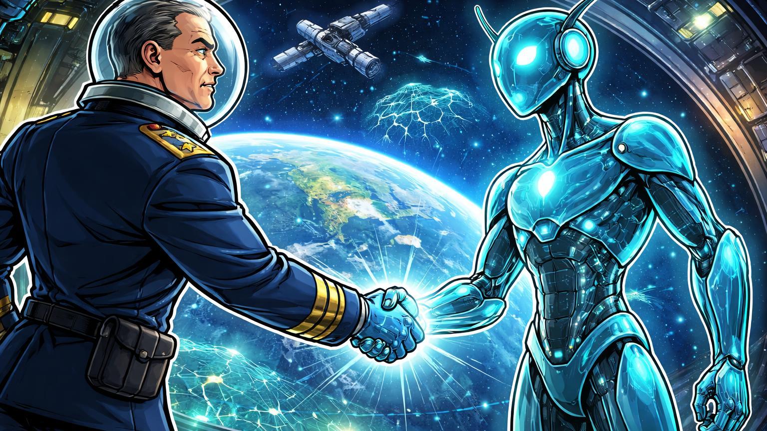 Oficial militar cartoon e entidade IA estilizada colaborando em estação orbital, simbolizando adoção do Pentágono de Grok para missões espaciais