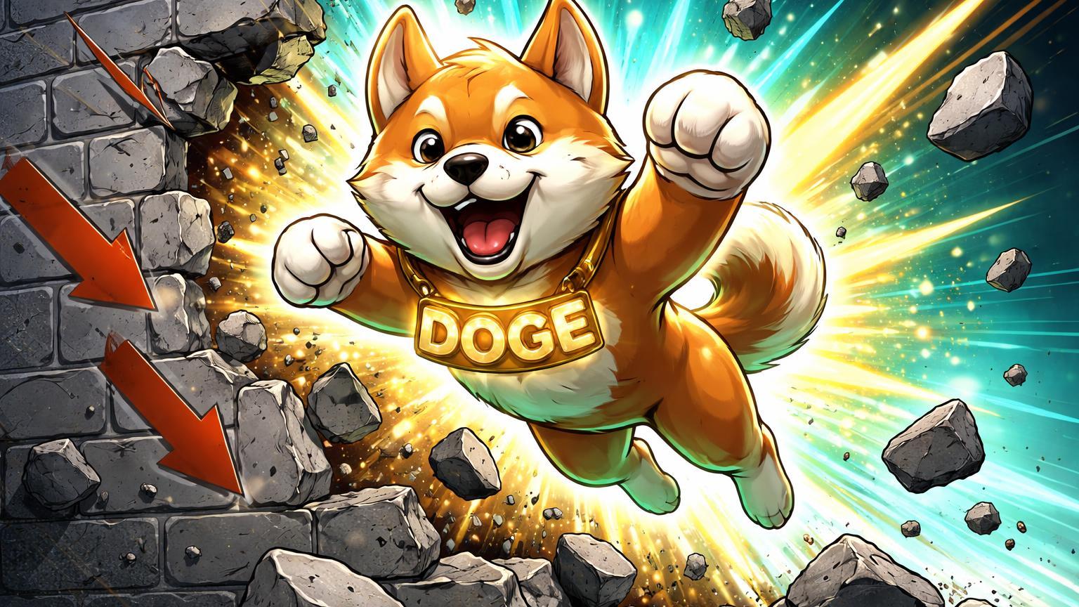 Cachorro Shiba cartoon de Dogecoin rompendo parede de tijolos descendentes em explosão cyan dourada, simbolizando rally especulativo de 9%