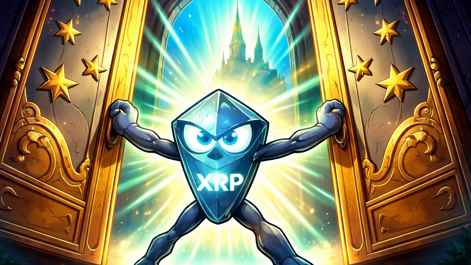 Personagem XRP cartoon abrindo portas douradas da UE com luz cyan emergindo, celebrando licença EMI de Ripple em Luxemburgo
