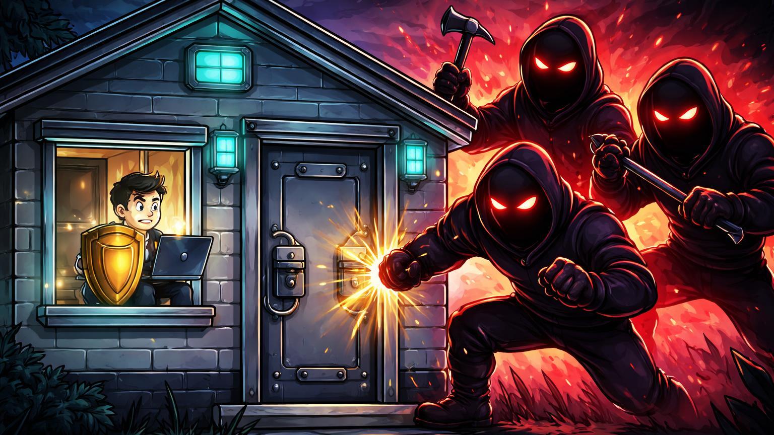 Casa fortificada cartoon sob ataque de sombras criminosas batendo à porta, alertando sobre invasões físicas por criptomoedas na Bélgica