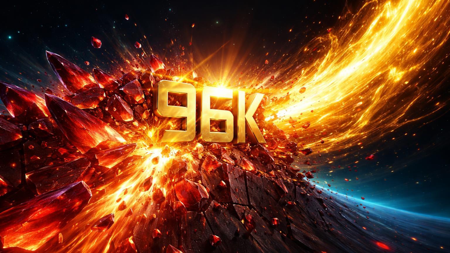 Onda dourada esmagando cristais vermelhos com '96K' emergente, simbolizando short squeeze histórico do Bitcoin superando US$ 96 mil