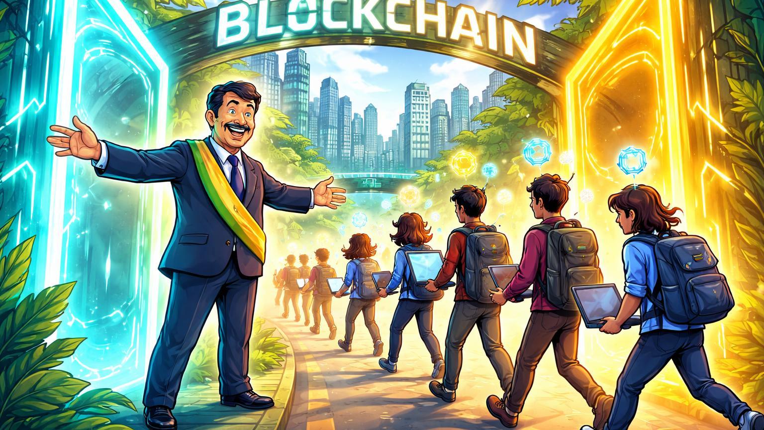 Prefeito cartoon abrindo portais blockchain para empreendedores startups, posicionando Campo Grande como hub cripto do Brasil