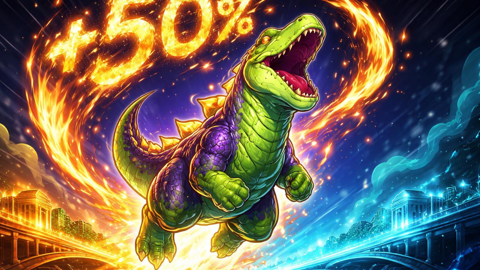 Dinossauro cartoon rugindo em rally ascendente com +50% em chamas e ponte fiat-crypto, celebrando disparada do Dash por integração Alchemy Pay