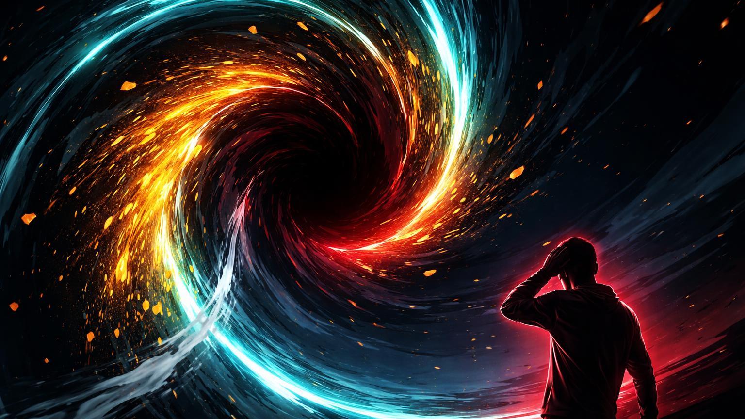 Vórtice cyberpunk sugando energia dourada com fina saída cinza e silhueta humana, simbolizando perda de US$ 3,7M por slippage no Yield Protocol