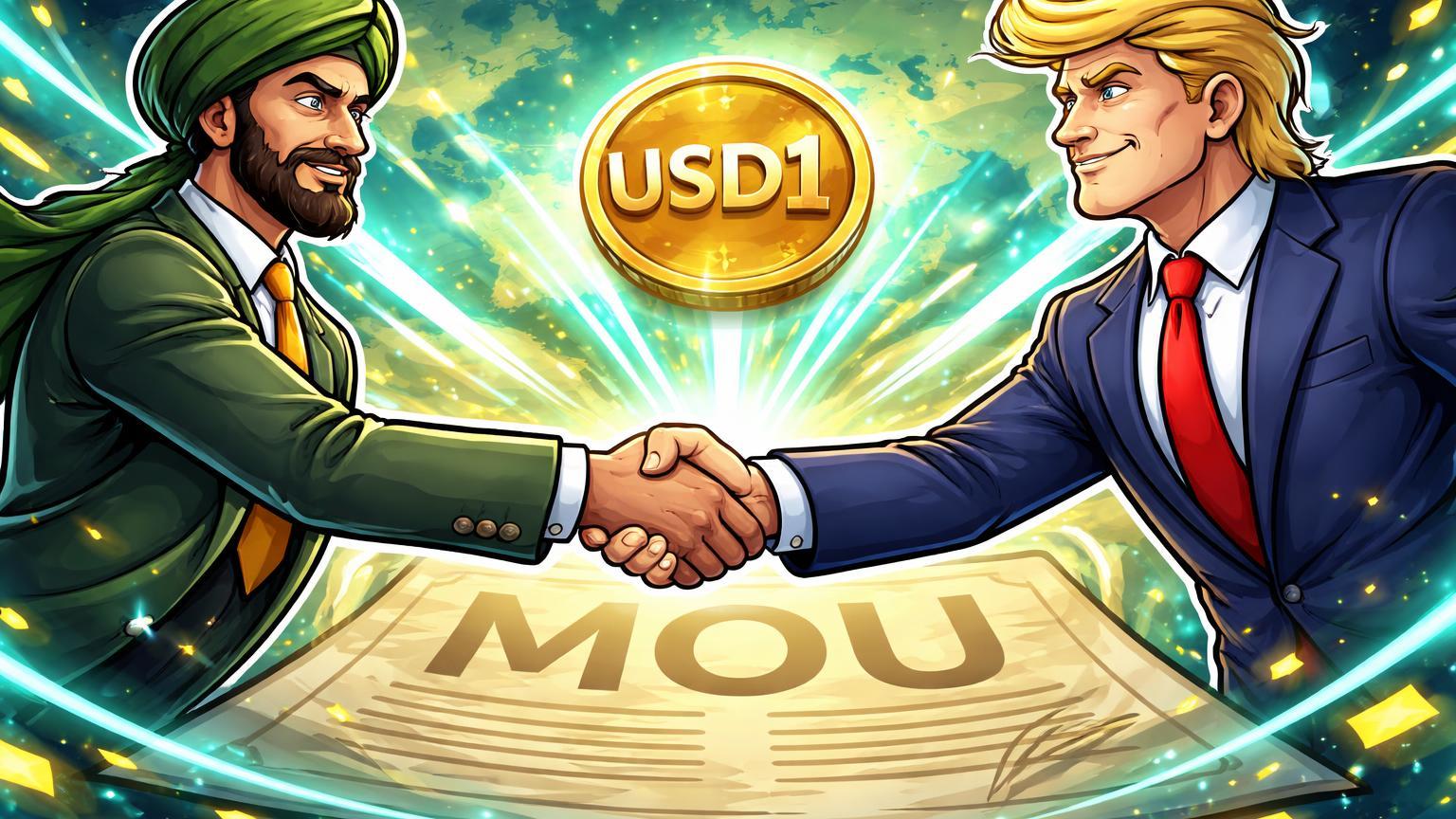 Personagens cartoon paquistanês e americano apertando mãos sobre stablecoin USD1, simbolizando acordo para remessas cross-border