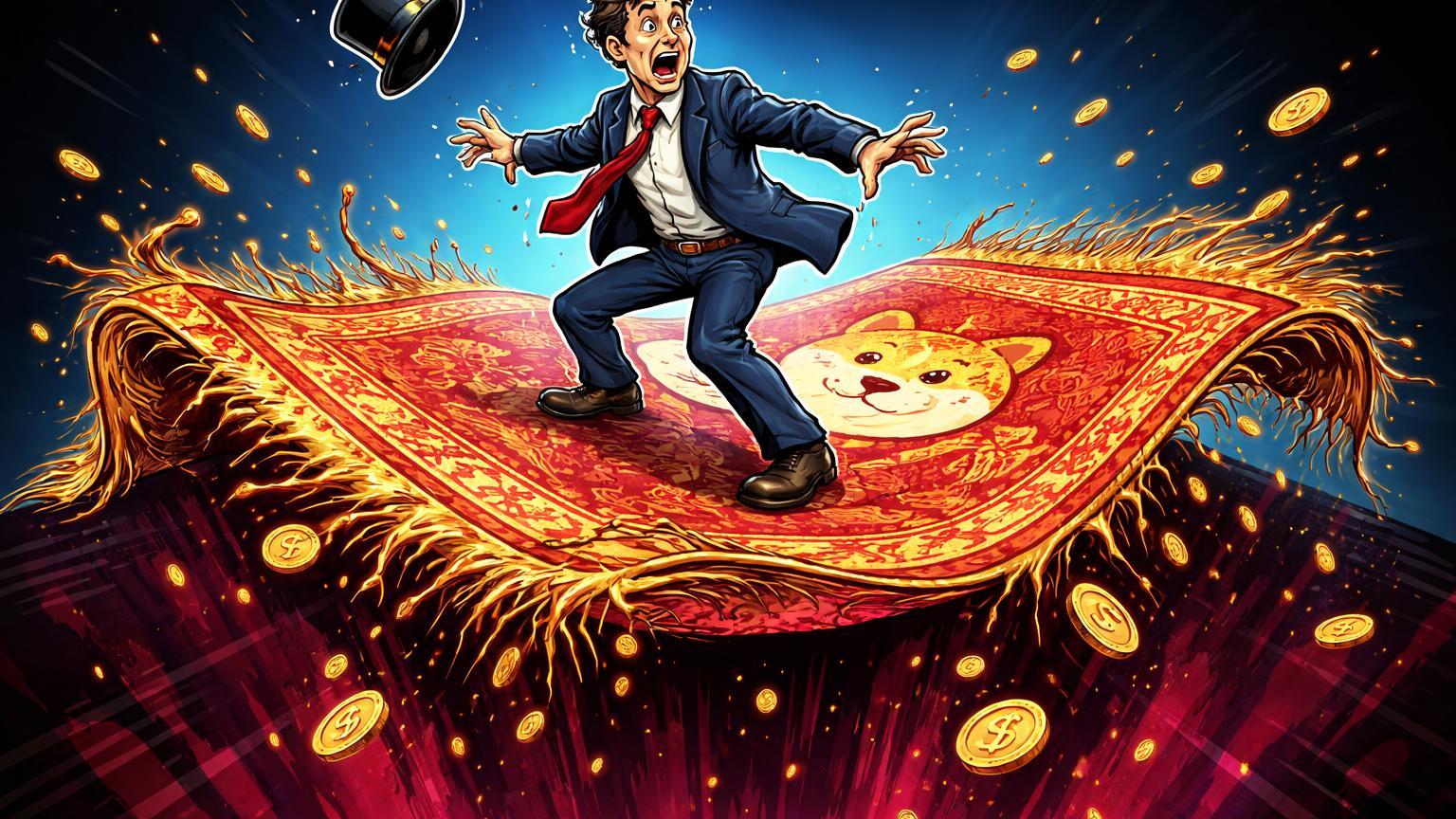 Prefeito cartoon em pânico sobre tapete memecoin se desfazendo em abismo, simbolizando rug pull do NYC Token por Eric Adams
