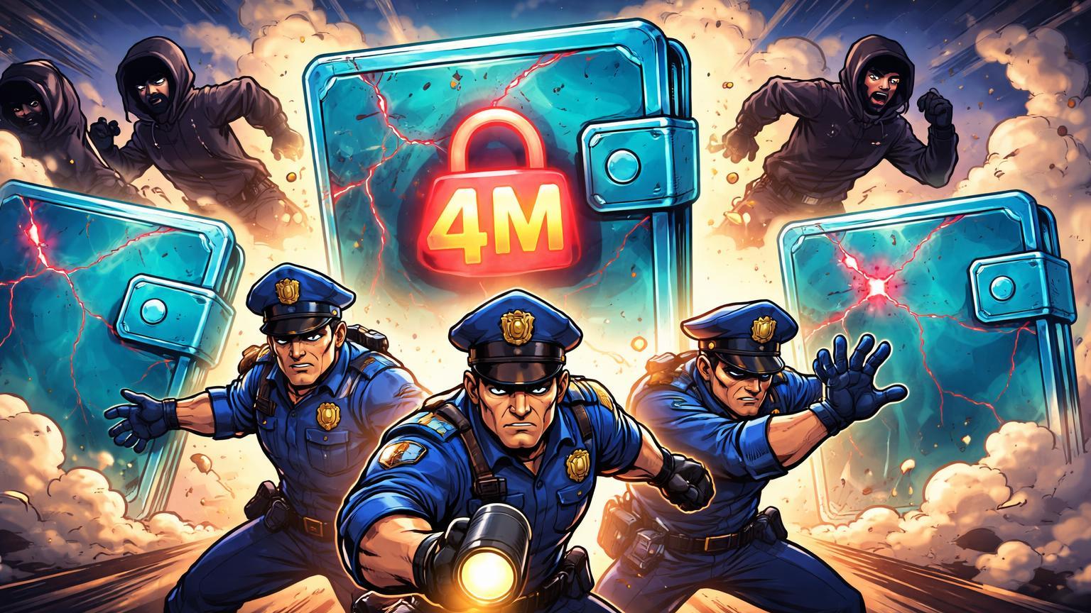 Policiais cartoon bloqueando carteiras digitais rachadas de golpistas sombrios, representando Operação Mirage contra golpe de R$4 mi em cripto