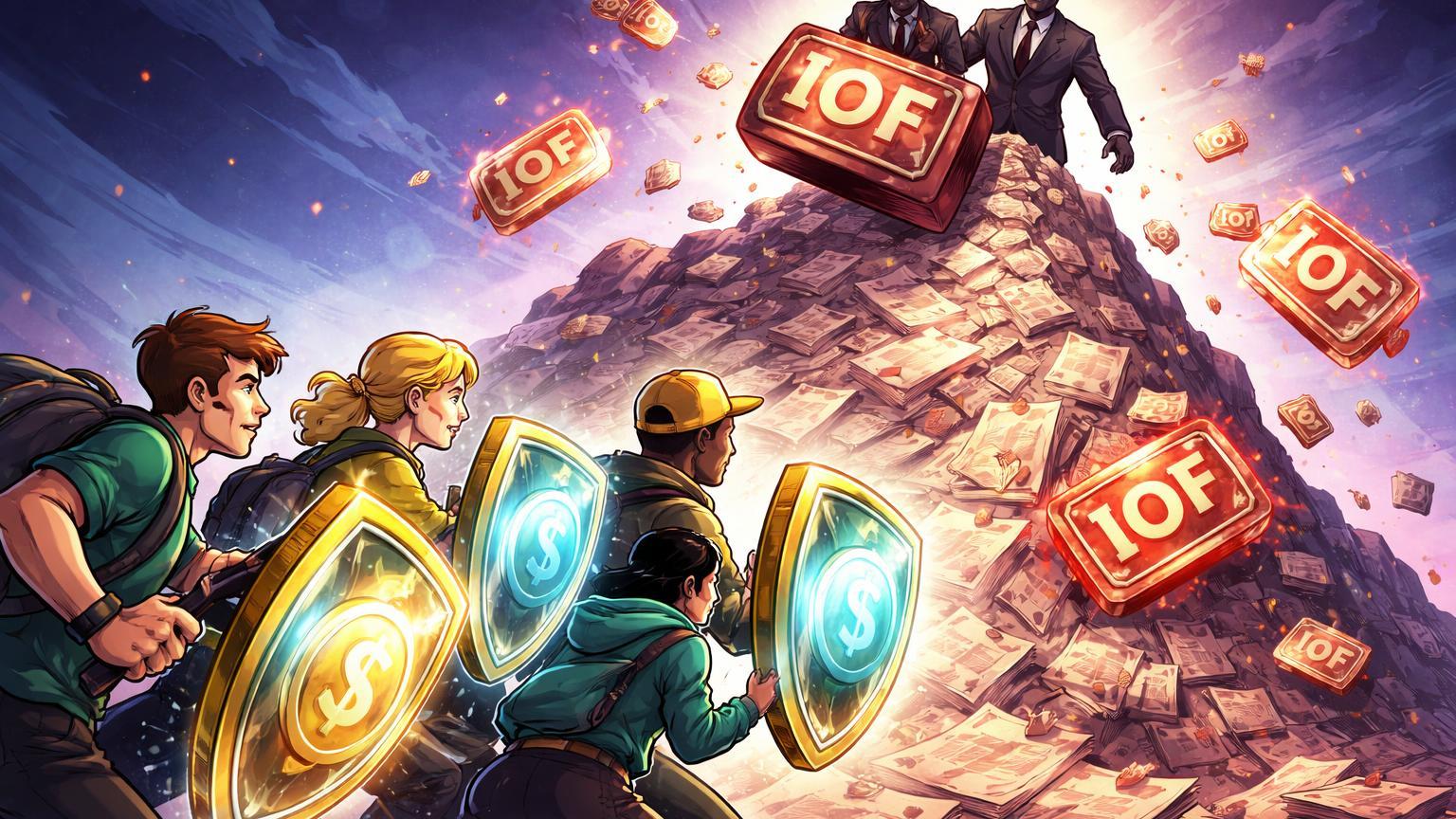 Personagens cartoon de traders brasileiros desafiando montanha burocrática com selos IOF, simbolizando ação da ABcripto contra taxáção em stablecoins