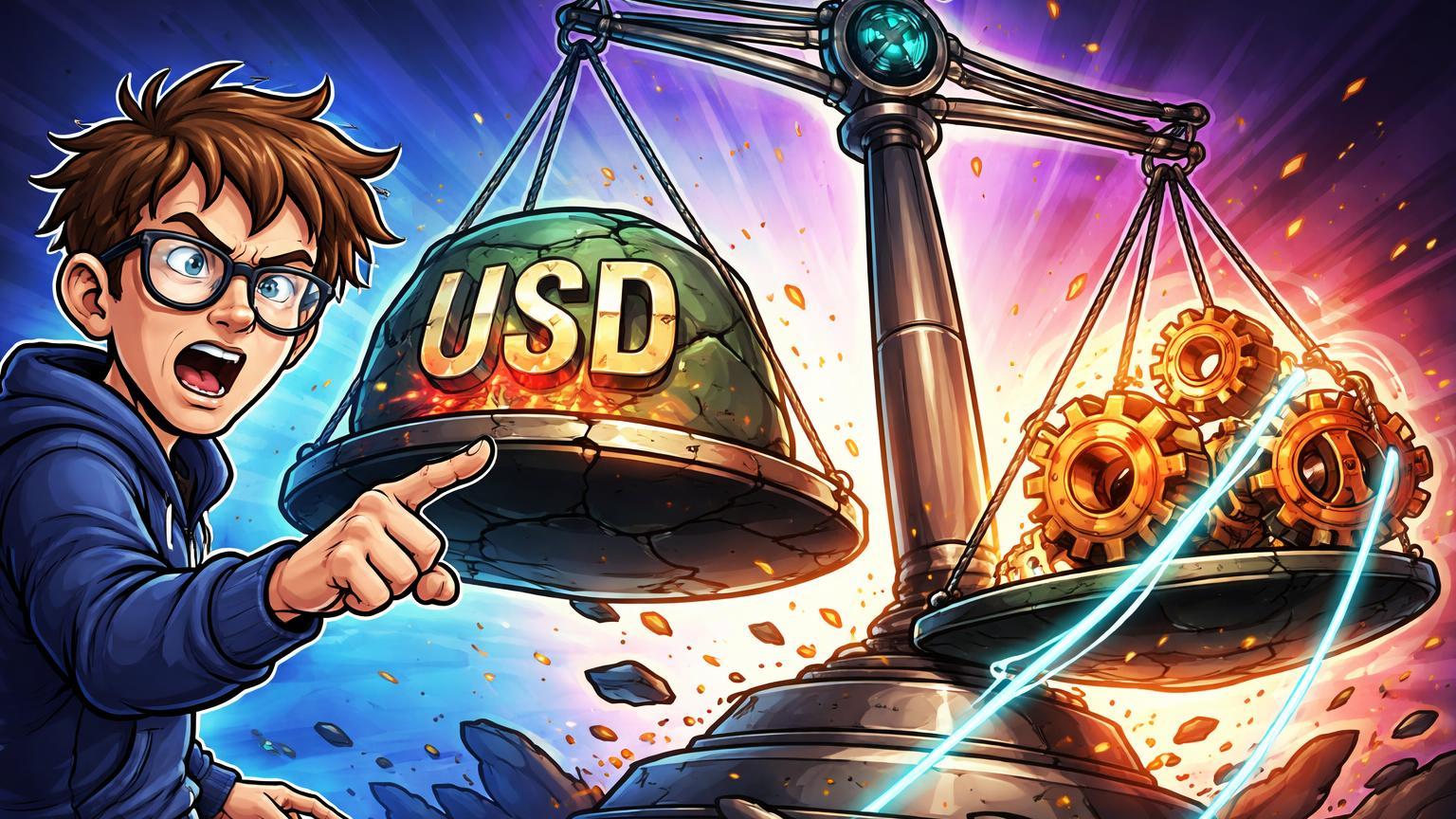 Personagem cartoon de Vitalik apontando para balança instável com peso USD rachado e oráculos manipuláveis, criticando falhas em stablecoins DeFi