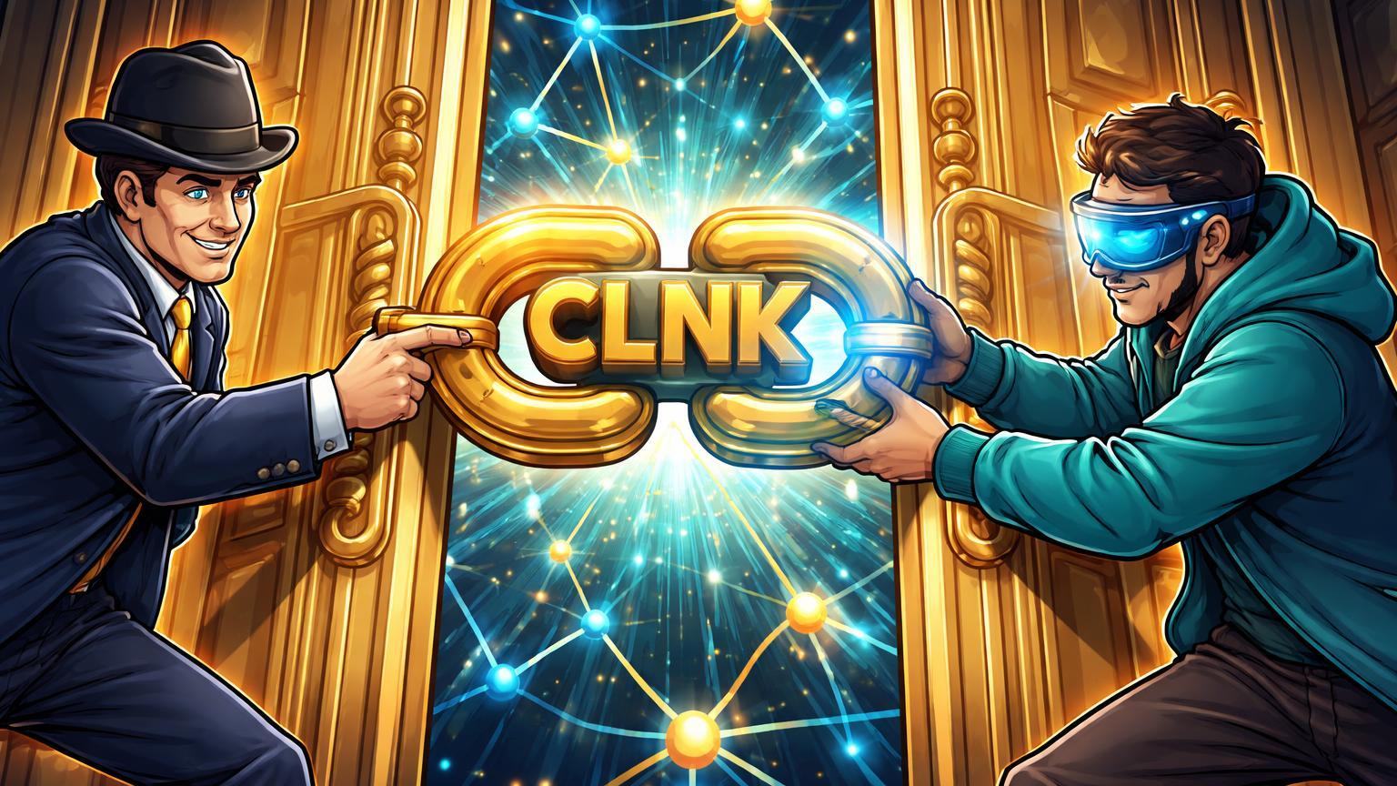 Executivos cartoon abrindo portas NYSE com elo Chainlink gravado CLNK, simbolizando lançamento do ETF spot pela Bitwise