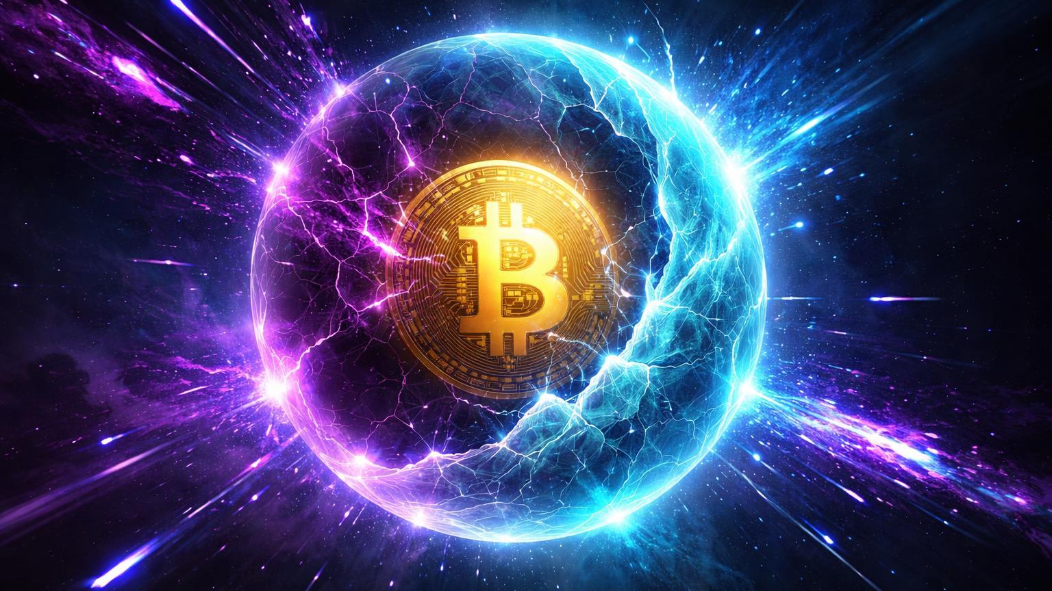Núcleo dourado Bitcoin com rachaduras quânticas roxas sendo selado por escudo cyan pós-quântico, simbolizando defesa contra ameaça quântica